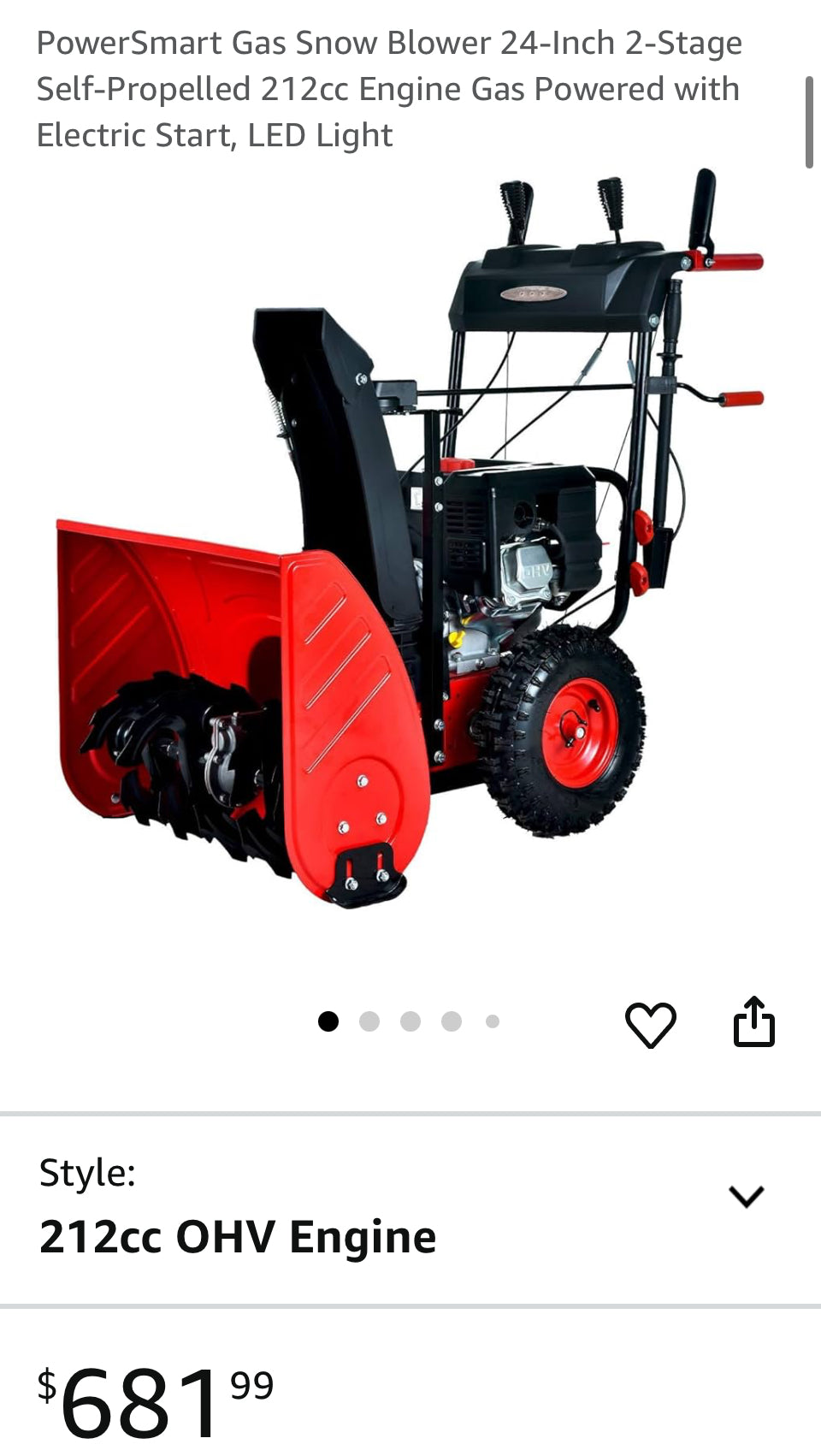 Powersmart Gas Snowblower 24” 2-Stage Self Propelled 212 Cc Engine