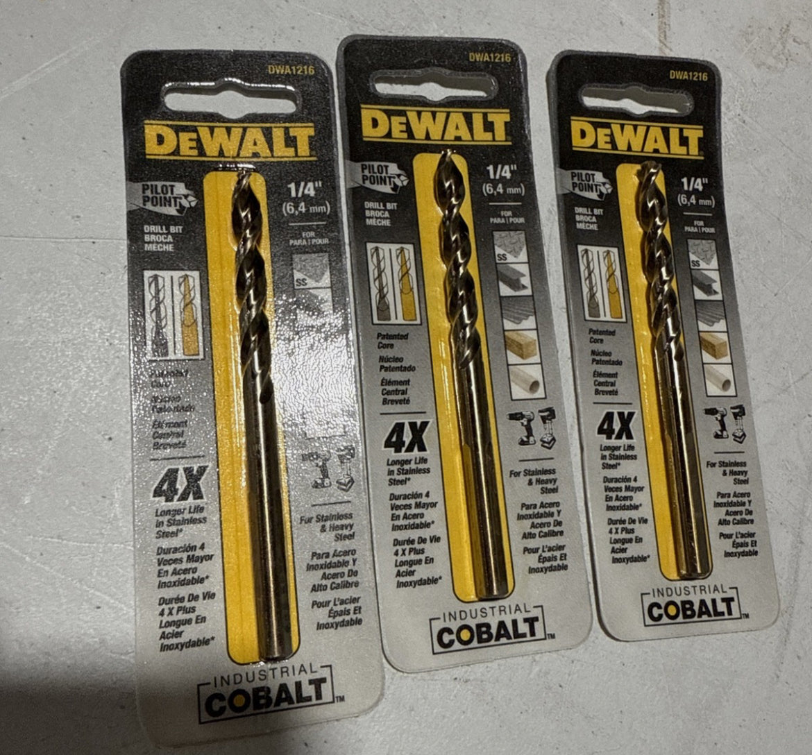 (3) Pack Of DeWalt DWA1216 Industrial Cobalt Pilot Point Drill Bit, 1/4", 6.4mm