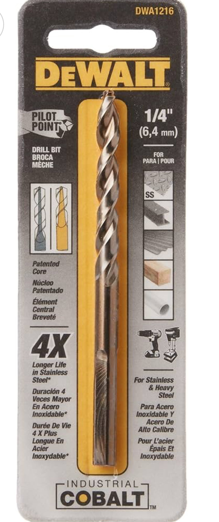 (3) Pack Of DeWalt DWA1216 Industrial Cobalt Pilot Point Drill Bit, 1/4", 6.4mm