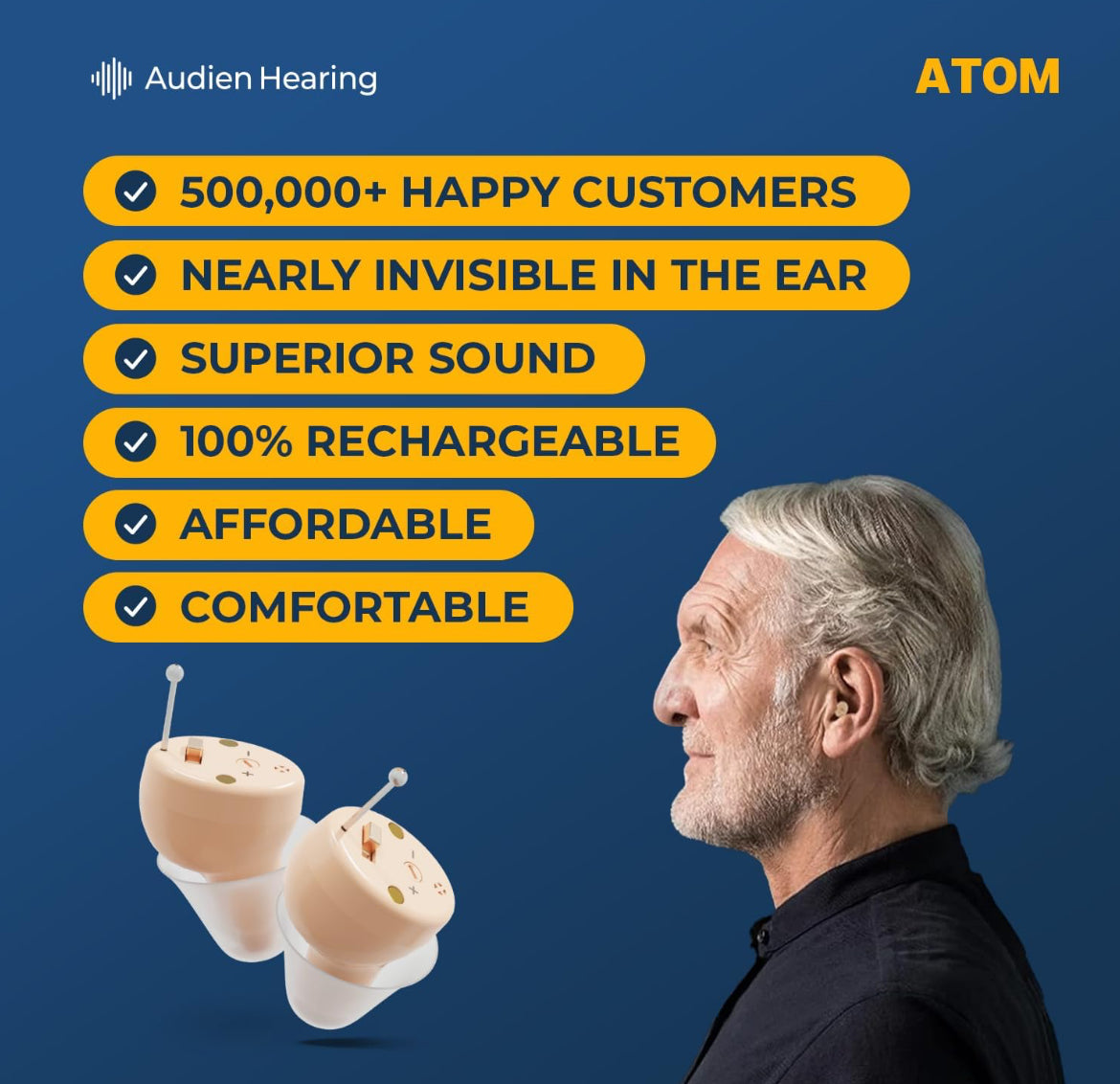 Audien ATOM Rechargeable Hearing Amplifier to Aid and Assist Hearing, Premium Comfort Design and Nearly Invisible