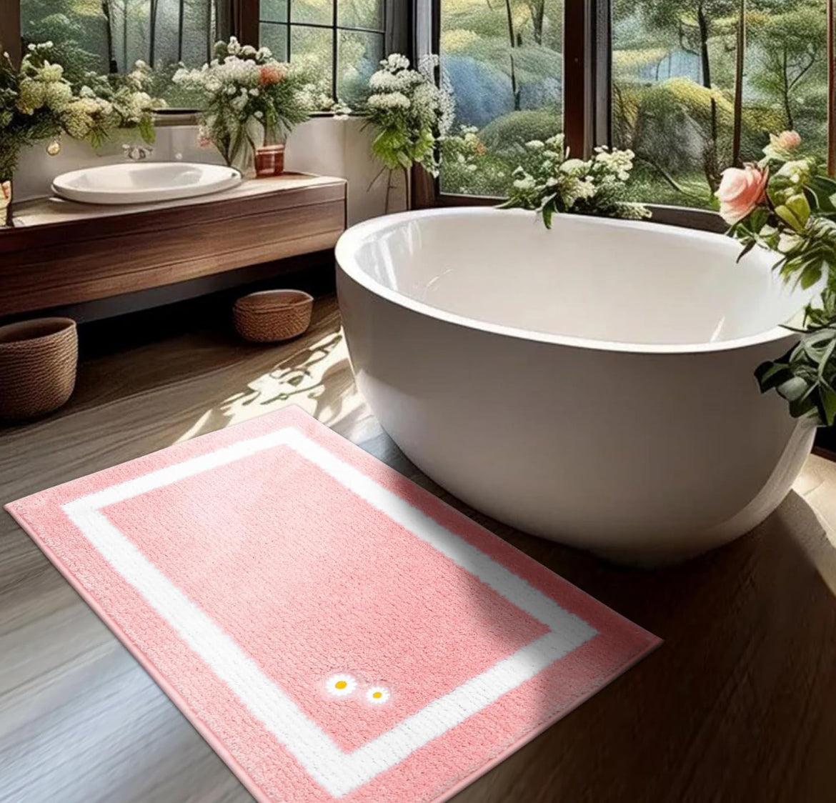 BEQHAUSE Bathroom-Rug-Non-Slip-Bathroom-Mat Soft Bath Mats for Bathroom Floor Absorbent Bath Mat Washable Pink Bathroom Rugs Embroidered Flowery Bath Rugs 24"X36"
