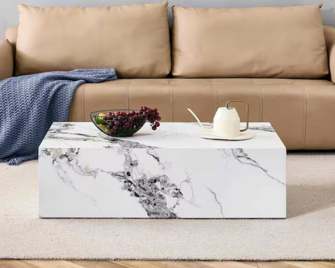 Polibi Modern 39.37 in. White Rectangle Faux Marble Coffee Table