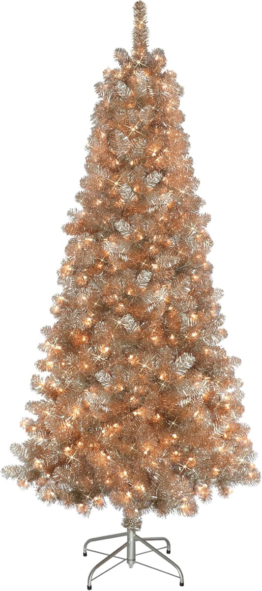 Puleo International 6.5 ft. Rose Gold Tinsel Prelit Artificial Christmas Tree with 300 UL-Listed Lights