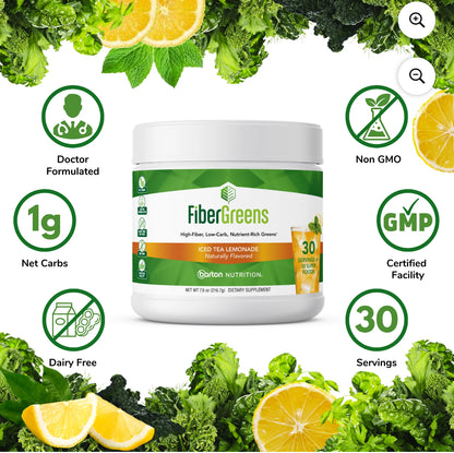 Iced Tea Lemonade Fiber Greens - Low-Carb Probiotics for Gut Health - Blood Function Support - Naturally Flavored Probiotic Formula with 30 Superfoods - Protects Heart Health, 30 Servings