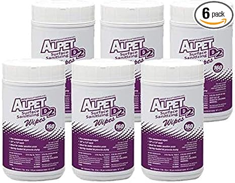 Alpet D2 Surface Sanitizing Wipes, Pre-Moistened, 6 x 160ct containers, 960 total wipes