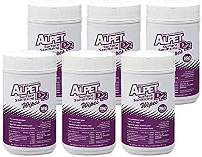 Alpet D2 Surface Sanitizing Wipes, Pre-Moistened, 6 x 160ct containers, 960 total wipes