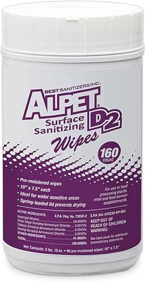 Alpet D2 Surface Sanitizing Wipes, Pre-Moistened, 6 x 160ct containers, 960 total wipes