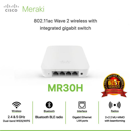 Cisco Meraki MR30H Cloud Managed - Wireless Router - 4-port Switch - GigE - Wi-Fi 5 - Bluetooth - Dual Band - Wall-mountable