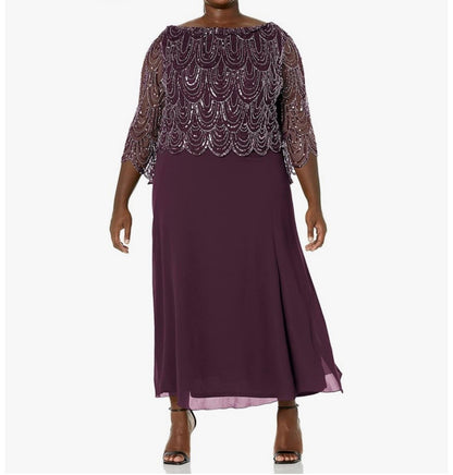 J Kara Women's Size 3/4 Scallop Beaded Pop Over Gown Plus size 10