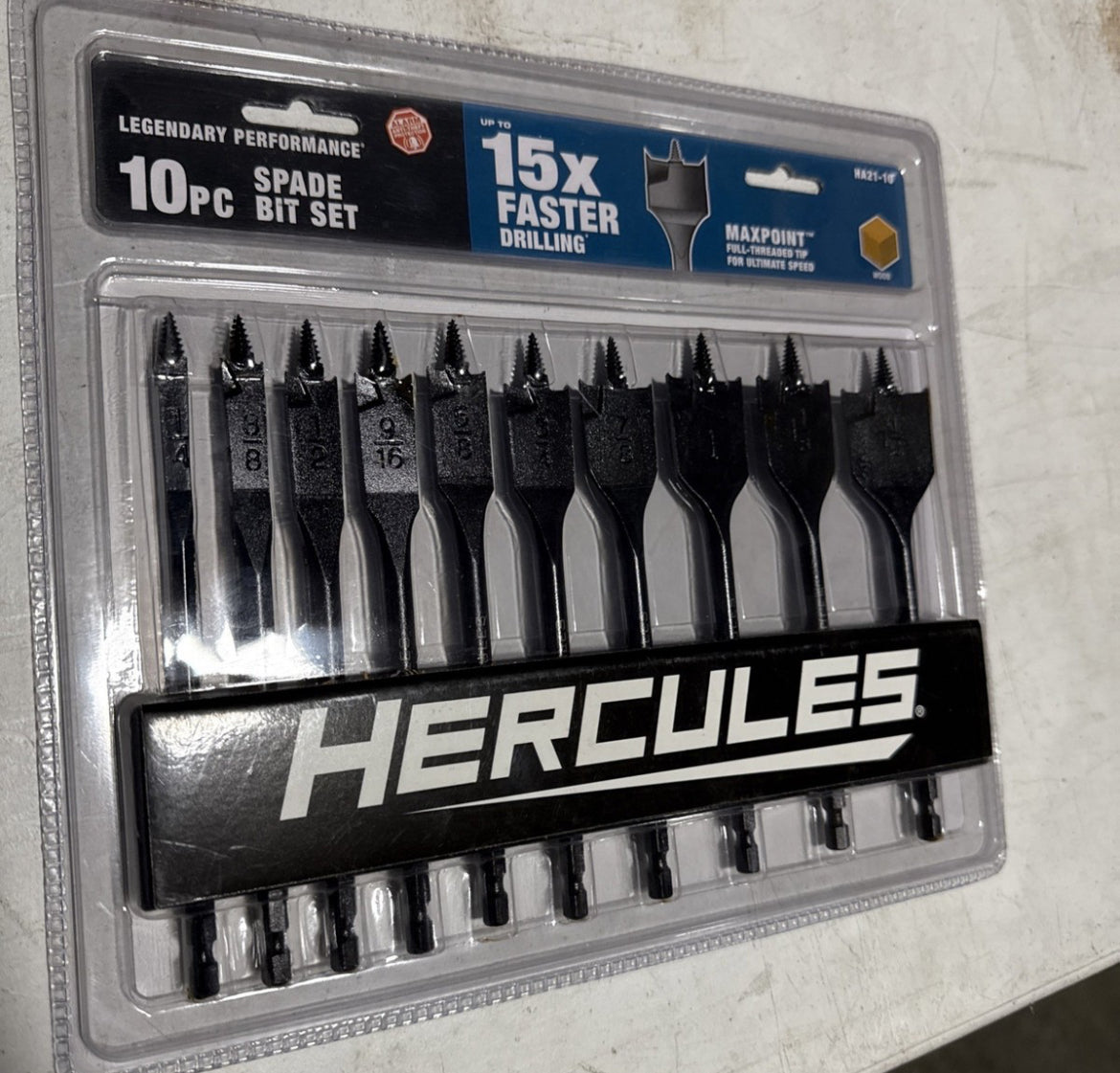 New (Set of 10) Hercules Spade Splinter-Free Break-Free Bits Tool Set 1/4 in. hex shank 1/4 in., 3/8 in., 1/2 in., 9/16 in., 5/8 in., 3/4 in., 7/8 in., 1 in., 1-1/8 in., 1-1/4 in.