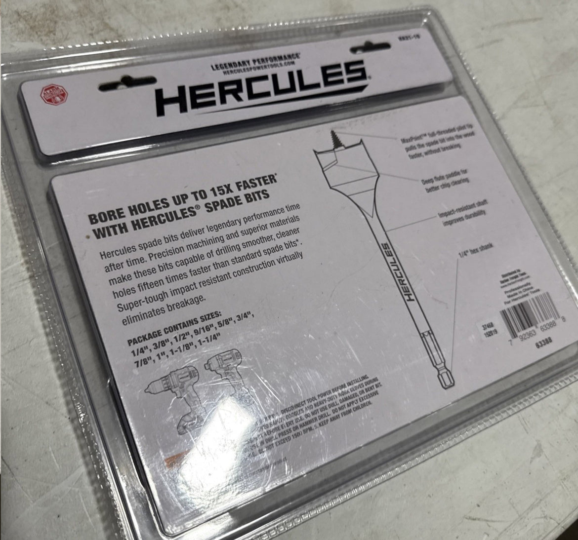 New (Set of 10) Hercules Spade Splinter-Free Break-Free Bits Tool Set 1/4 in. hex shank 1/4 in., 3/8 in., 1/2 in., 9/16 in., 5/8 in., 3/4 in., 7/8 in., 1 in., 1-1/8 in., 1-1/4 in.