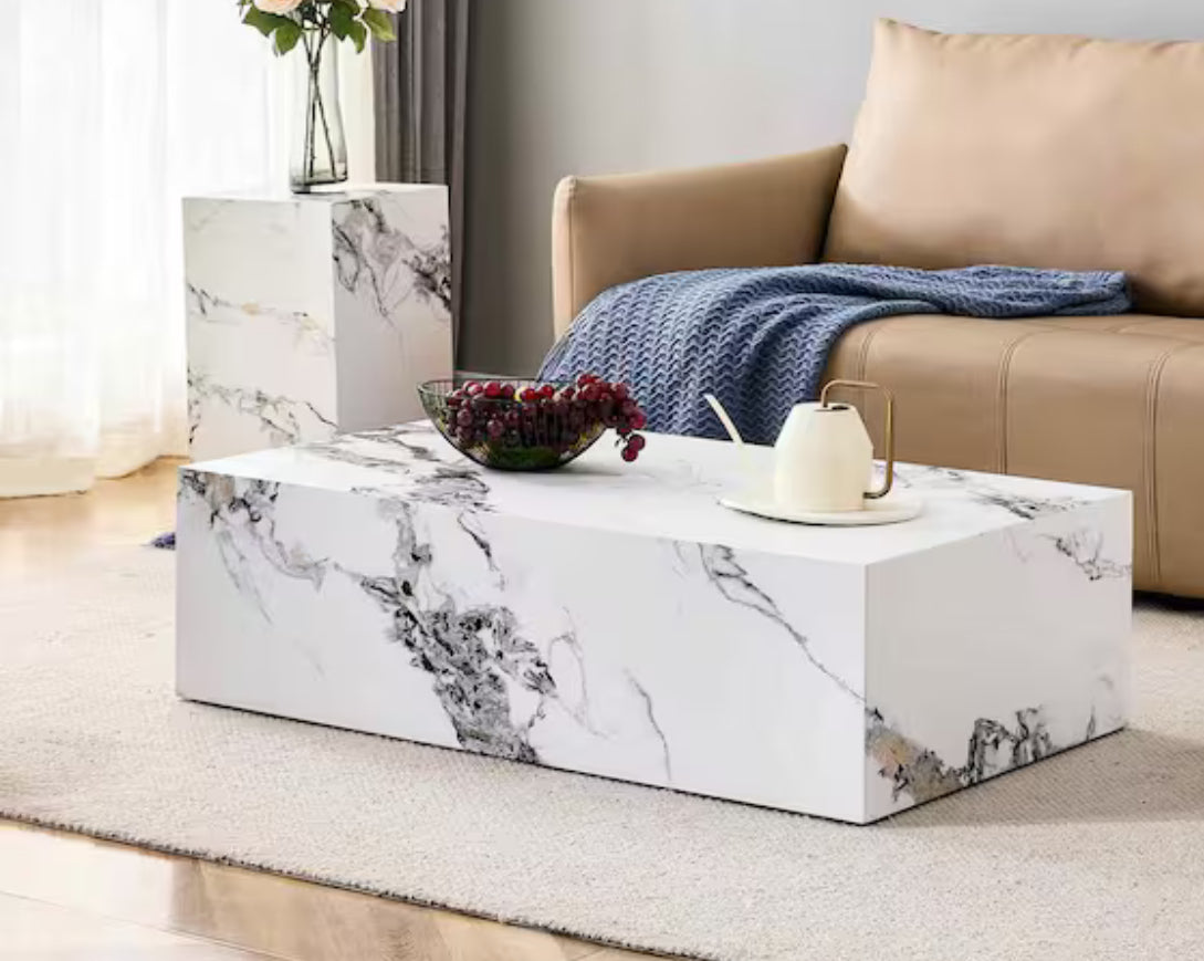 Polibi Modern 39.37 in. White Rectangle Faux Marble Coffee Table