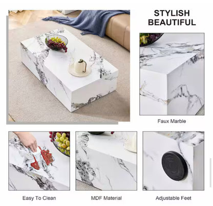 Polibi Modern 39.37 in. White Rectangle Faux Marble Coffee Table
