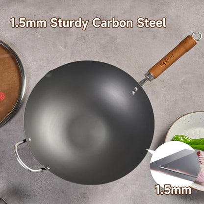 WANGYUANJI Carbon Steel Wok Pan, 12.59" Woks and Stir Fry Pans with Glass Lid,Chinese Wok Flat bottom Iron wok for Induction, Electric, Gas, Suitable for All Stoves