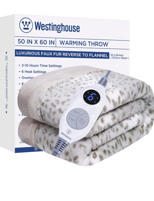 Westinghouse Heated Throw Blanket, Grey Leopard Electric Throw Blanket, Luxury Faux Fur to Flannel Reversible, 6 Heating Levels & 2-10 Hours Time Setting, Machine Washable(Throw, 50"x60")