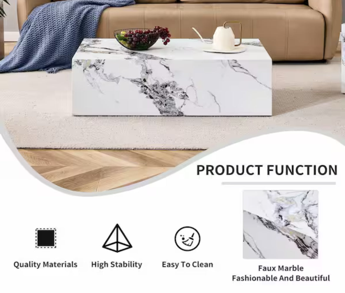 Polibi Modern 39.37 in. White Rectangle Faux Marble Coffee Table