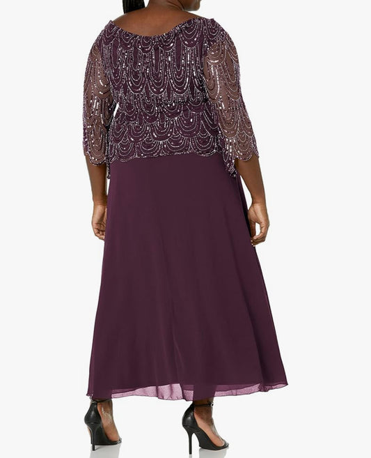 J Kara Women's Size 3/4 Scallop Beaded Pop Over Gown Plus size 10
