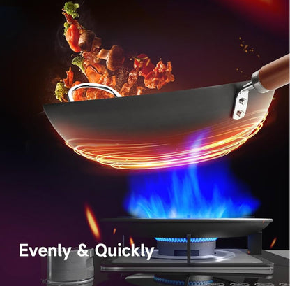 WANGYUANJI Carbon Steel Wok Pan, 12.59" Woks and Stir Fry Pans with Glass Lid,Chinese Wok Flat bottom Iron wok for Induction, Electric, Gas, Suitable for All Stoves