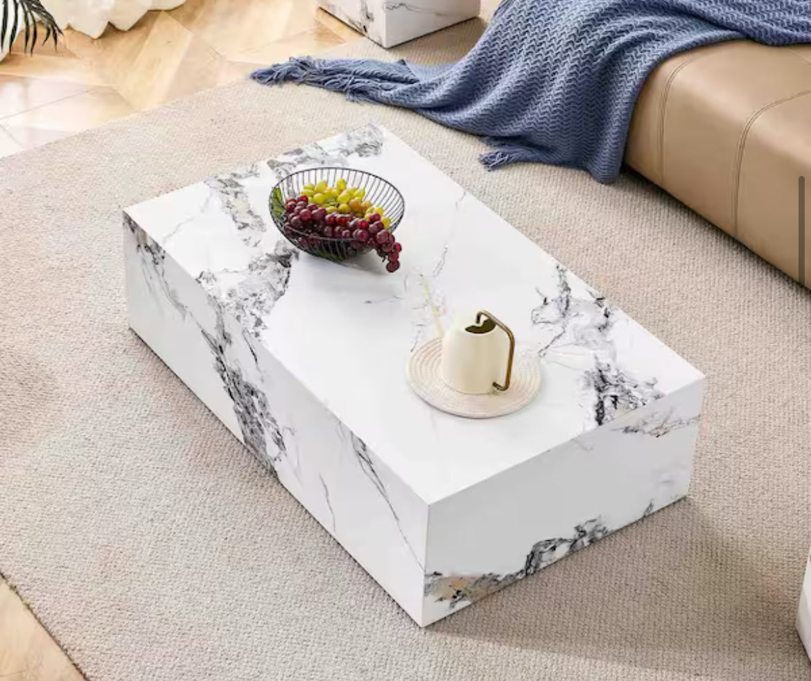 Polibi Modern 39.37 in. White Rectangle Faux Marble Coffee Table