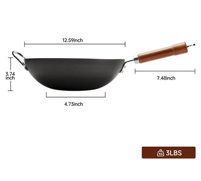 WANGYUANJI Carbon Steel Wok Pan, 12.59" Woks and Stir Fry Pans with Glass Lid,Chinese Wok Flat bottom Iron wok for Induction, Electric, Gas, Suitable for All Stoves