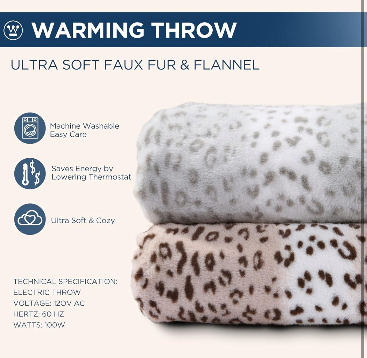 Westinghouse Heated Throw Blanket, Grey Leopard Electric Throw Blanket, Luxury Faux Fur to Flannel Reversible, 6 Heating Levels & 2-10 Hours Time Setting, Machine Washable(Throw, 50"x60")